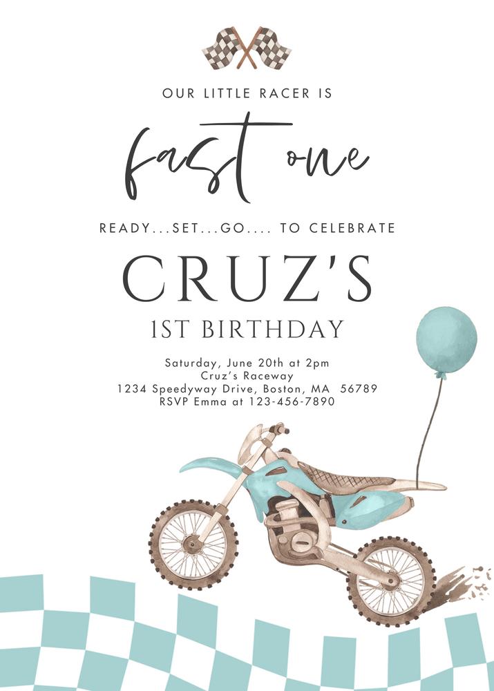 Fast One Dirt Bike 1st Birthday Invitation | Editable Canva Racing Template