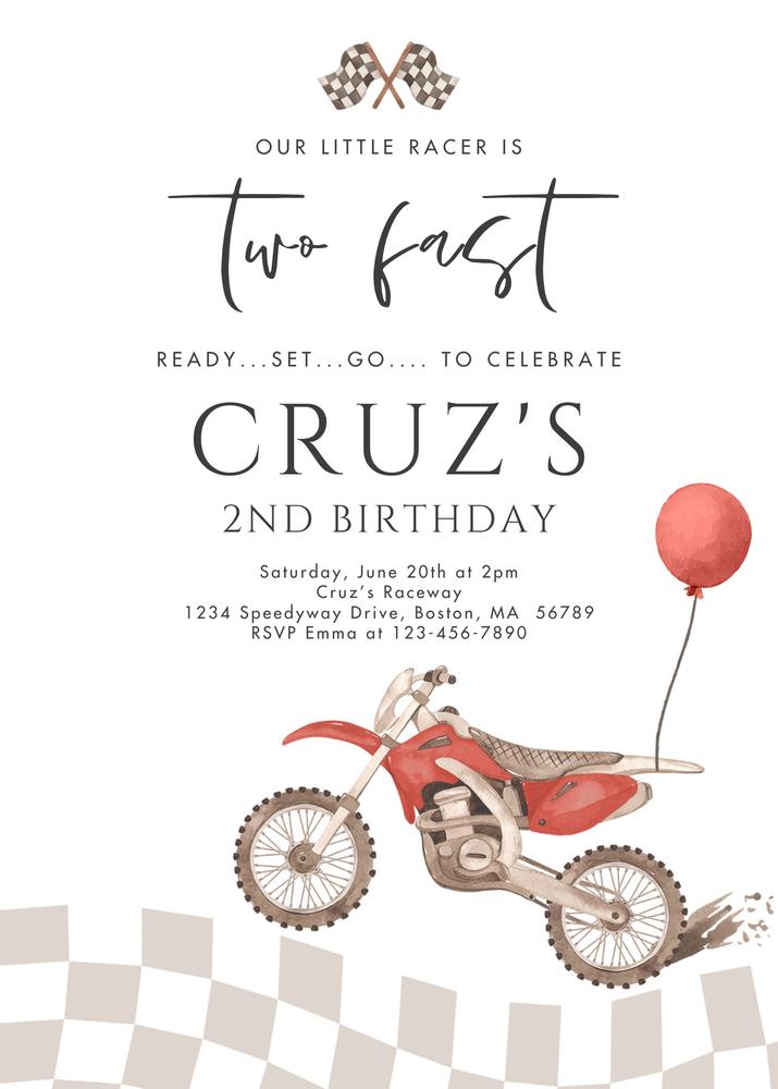 Two Fast Dirt Bike 2nd Birthday Invitation | Editable Canva Racing Template