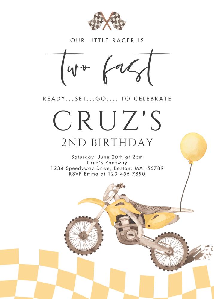 Two Fast Dirt Bike 2nd Birthday Invitation, Editable Canva Racing Invite