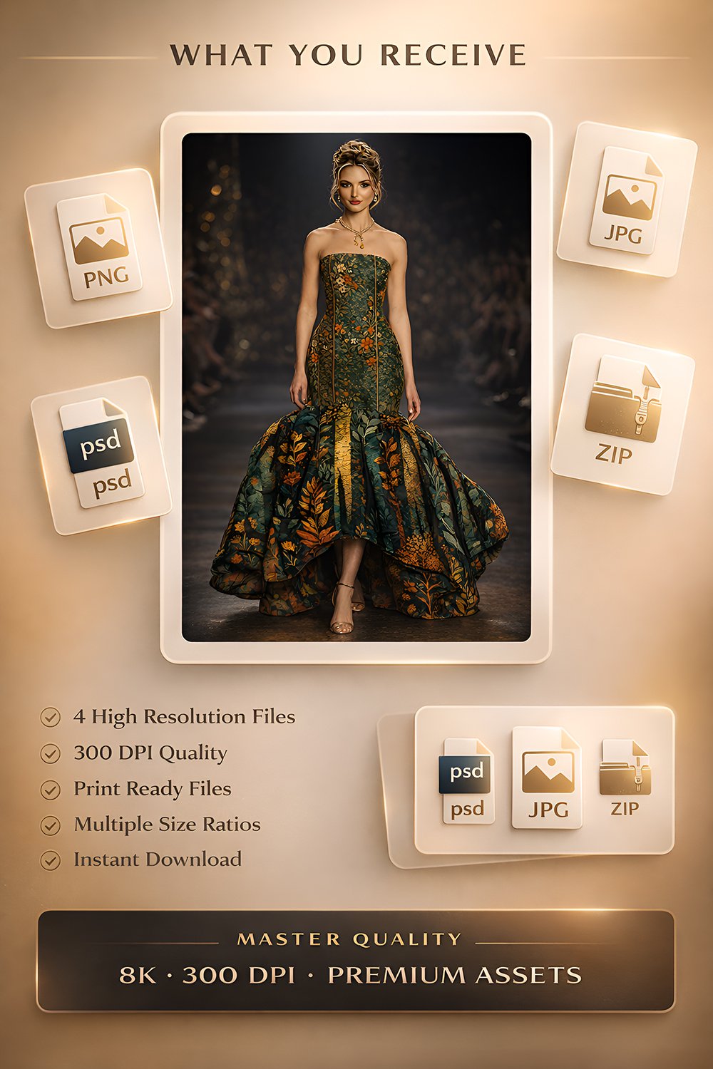 Luxury haute couture runway dress with botanical embroidery in dark green and gold walking on fashion runway, printable fashion wall art poster
