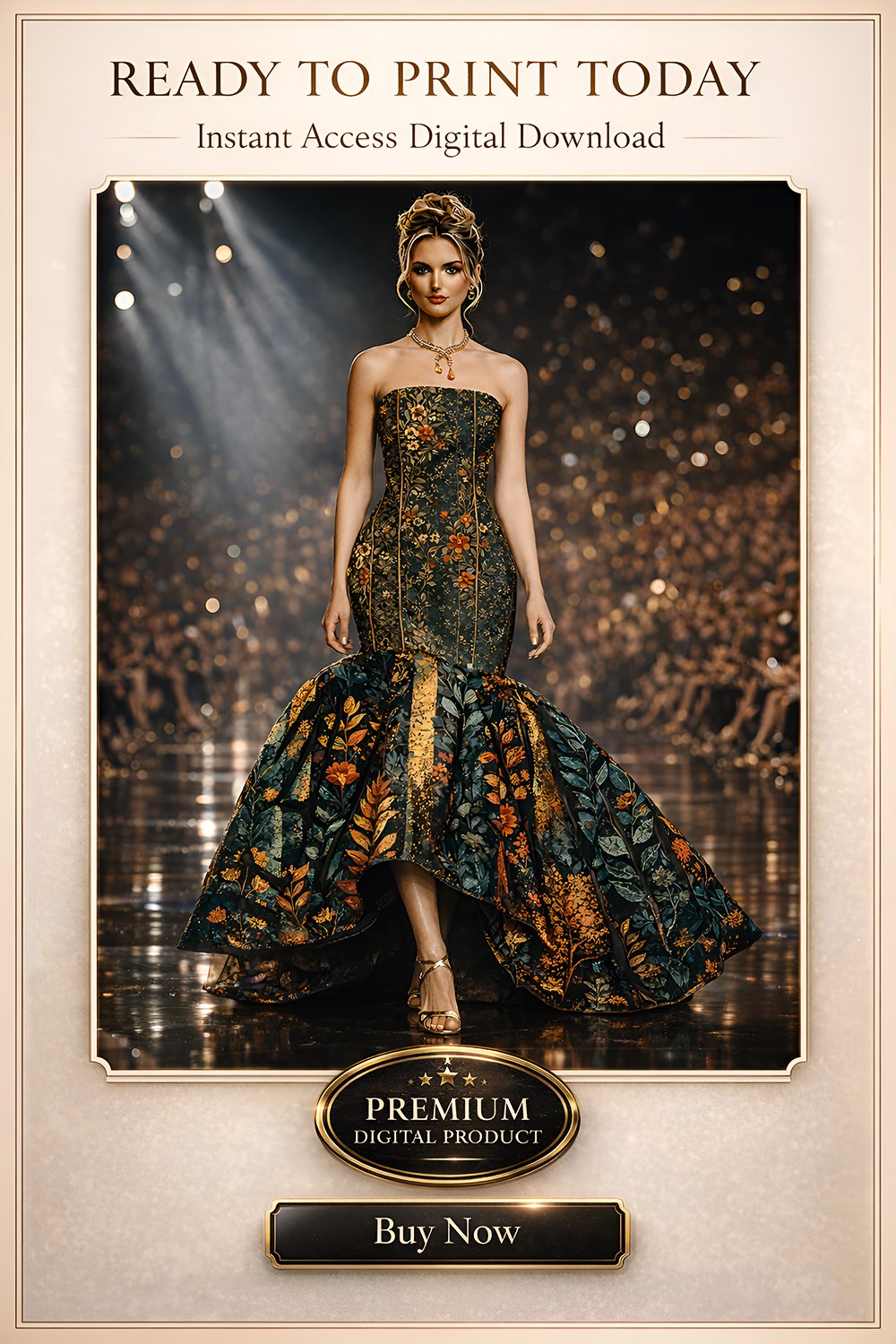Luxury haute couture runway dress with botanical embroidery in dark green and gold walking on fashion runway, printable fashion wall art poster