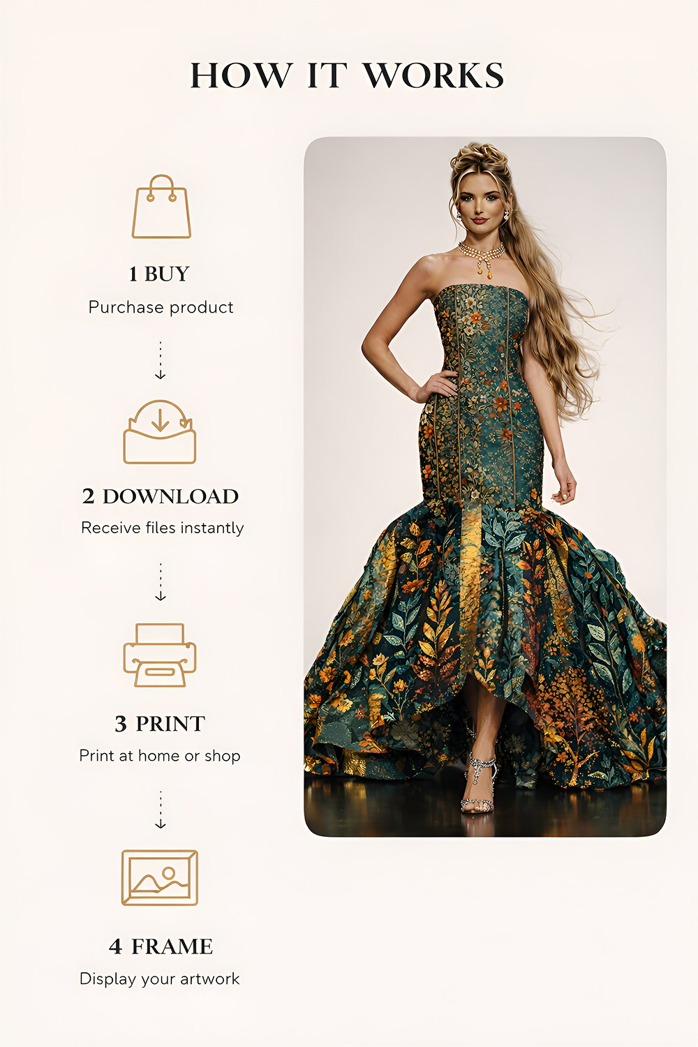 Luxury haute couture runway dress with botanical embroidery in dark green and gold walking on fashion runway, printable fashion wall art poster