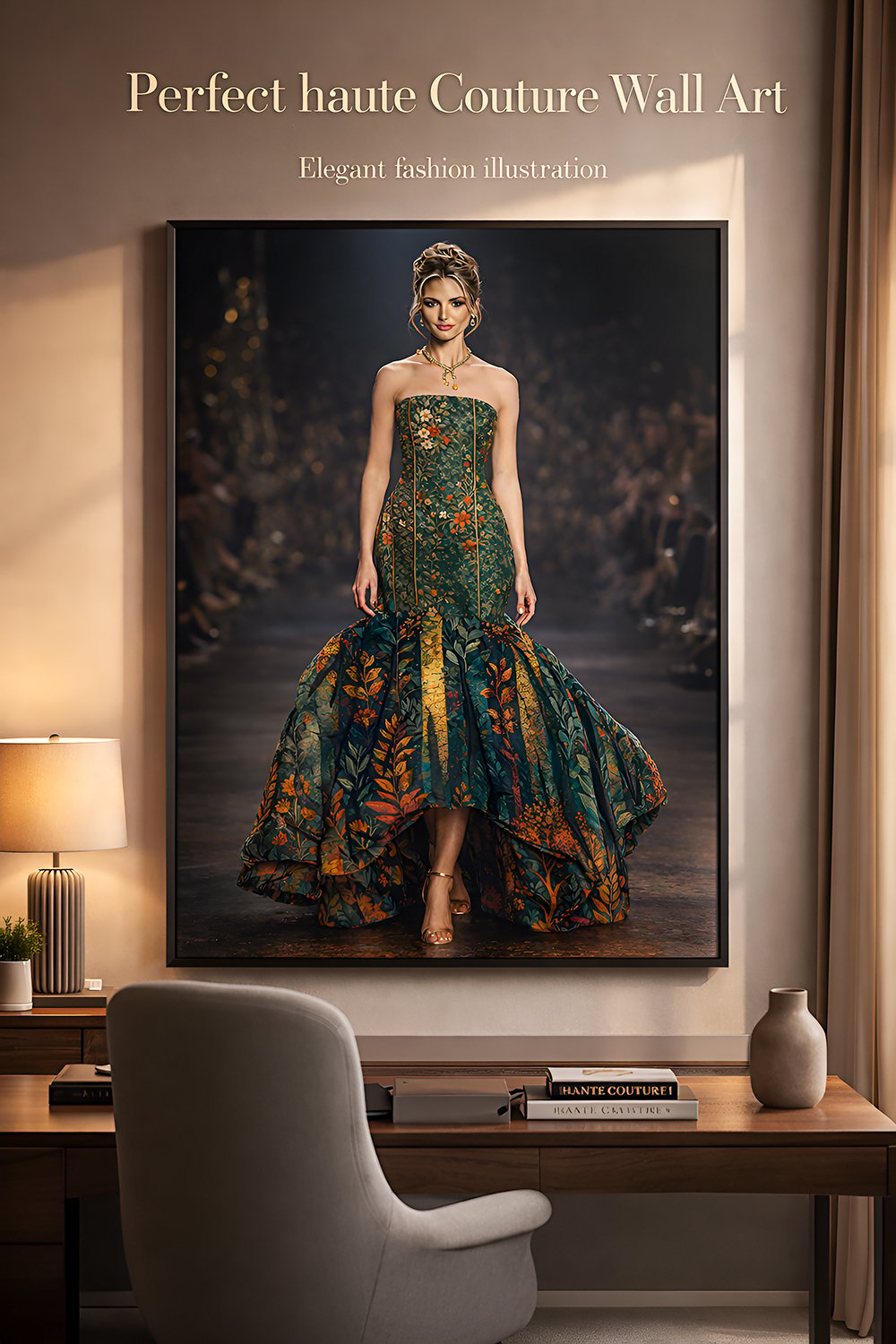 Luxury haute couture runway dress with botanical embroidery in dark green and gold walking on fashion runway, printable fashion wall art poster