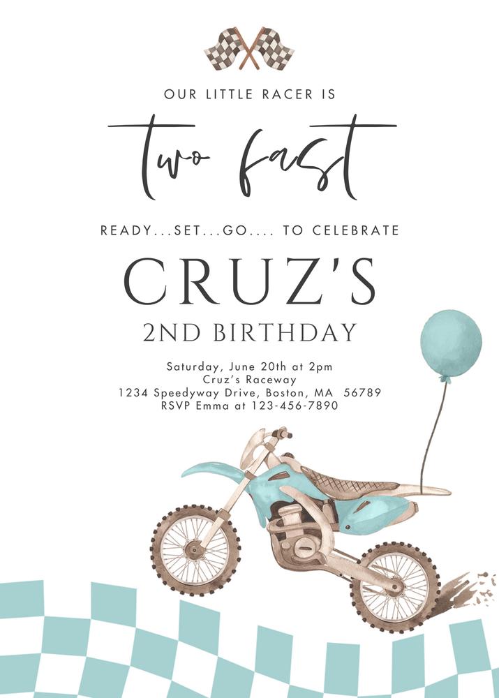 Two Fast Dirt Bike 2nd Birthday Invitation | Editable Canva Racing Template