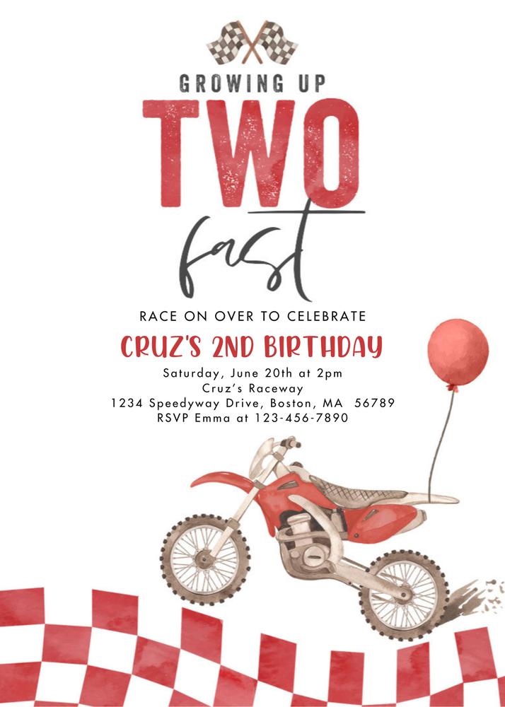Growing Up Two Fast Red Dirt Bike 2nd Birthday Invitation Canva Template