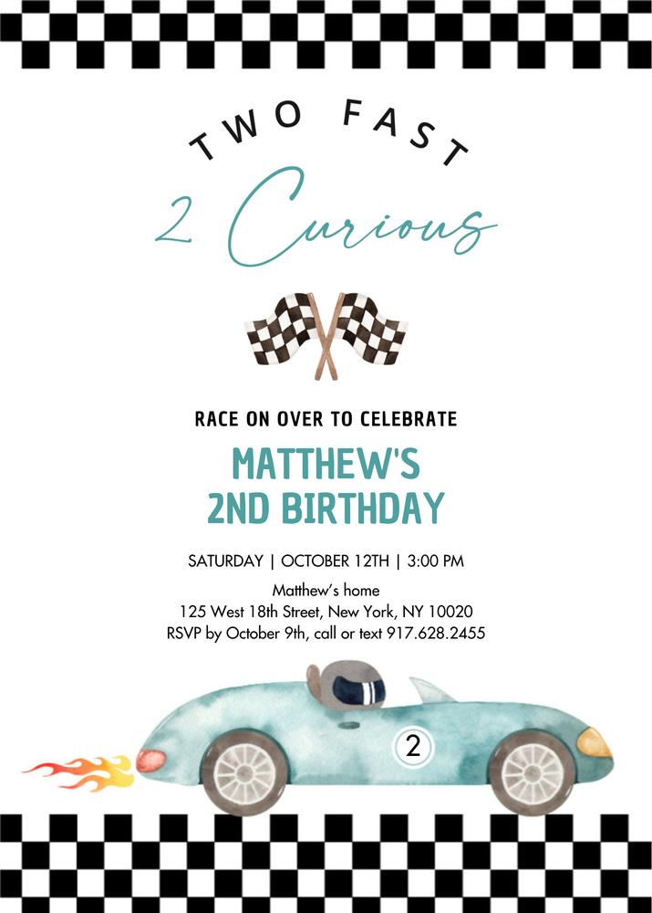 Race Car 2nd Birthday Invitation | Two Fast 2 Curious Canva Template