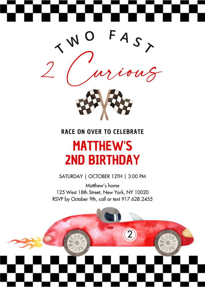 Race Car 2nd Birthday Invitation | Two Fast 2 Curious Canva Template