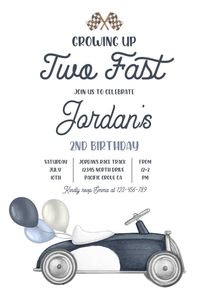 Growing Up Two Fast 2nd Birthday Invitation | Blue Race Car Canva Template