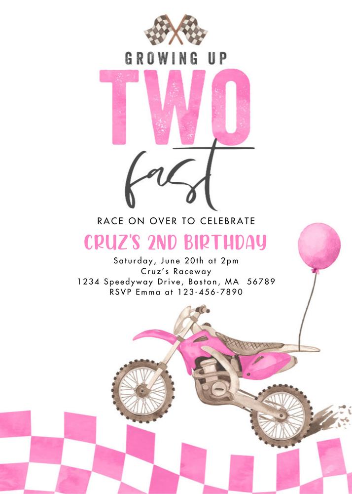 Growing Up Two Fast Girl Pink Dirt Bike 2nd Birthday Invitation Canva Template