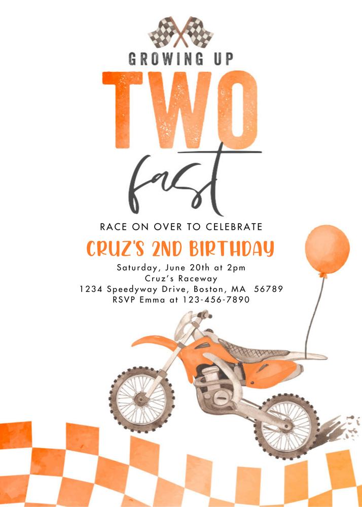 Growing Up Two Fast Birthday Invitation, Orange Dirt Bike 2nd Birthday Canva