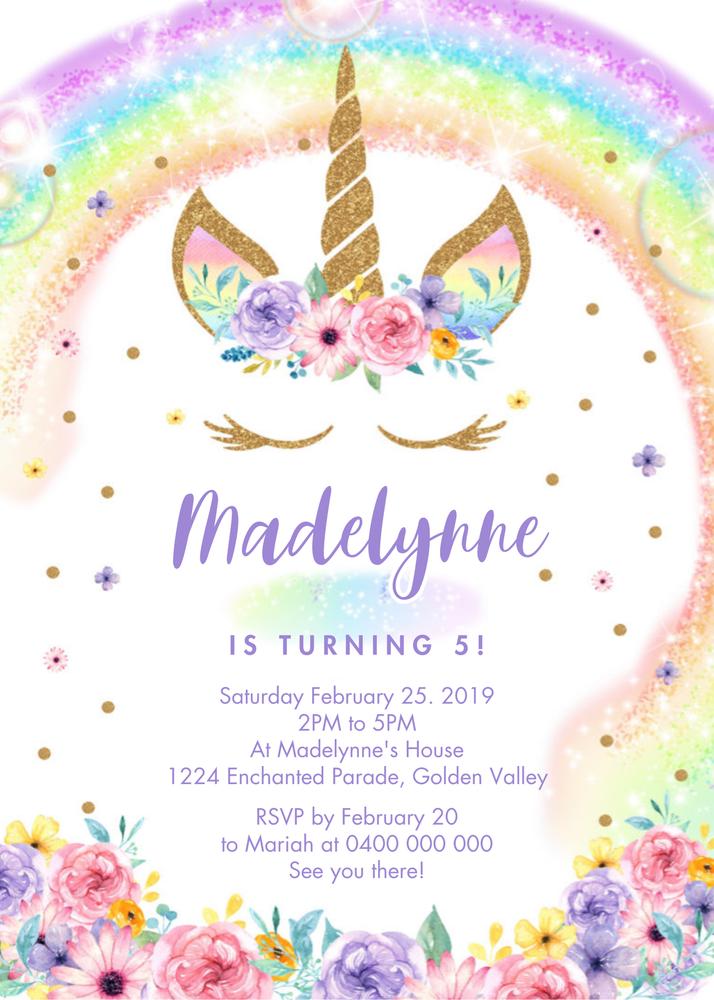 Rainbow Unicorn Birthday Invitation | Editable Canva Template for Girls