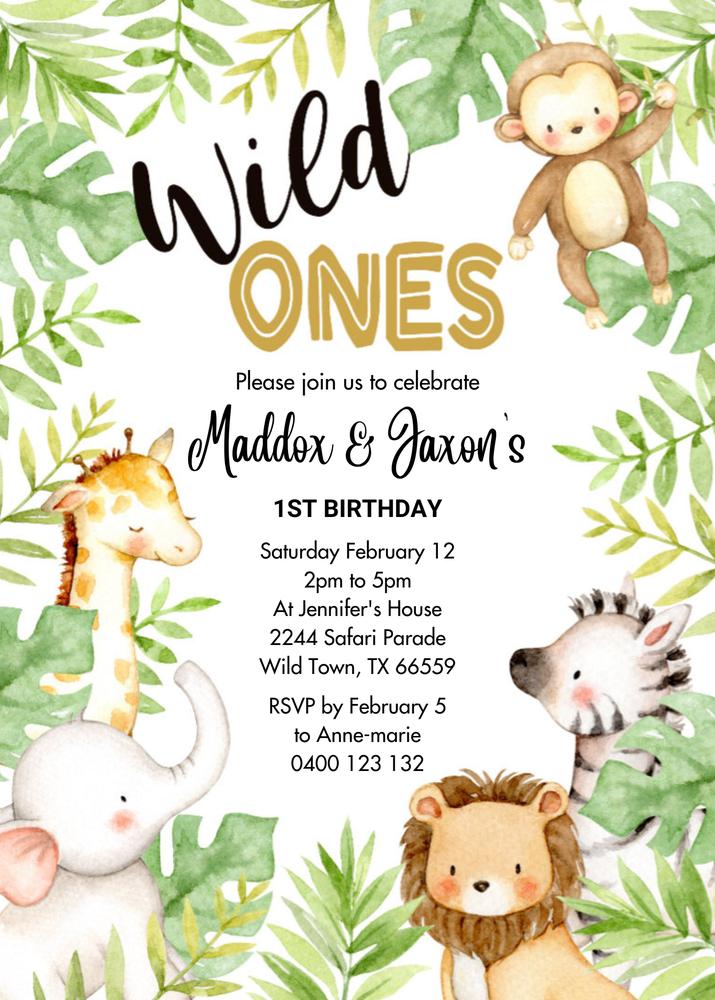Wild One Twins Jungle 1st Birthday Invitation | Editable Canva Template