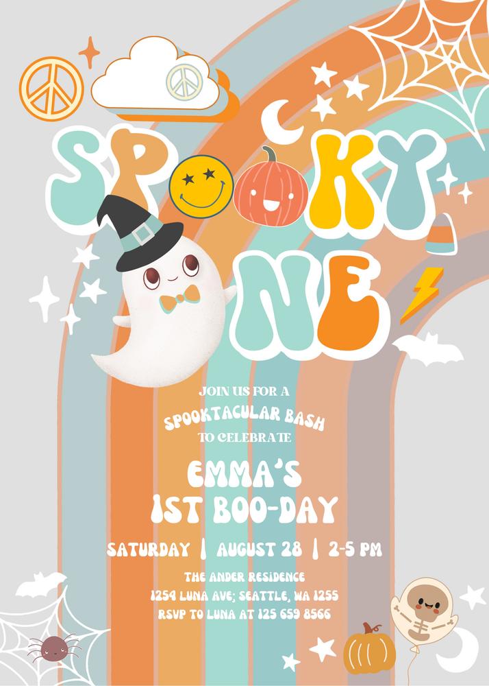 Groovy Spooky One Birthday Invite | Blue & Orange Halloween Canva Template