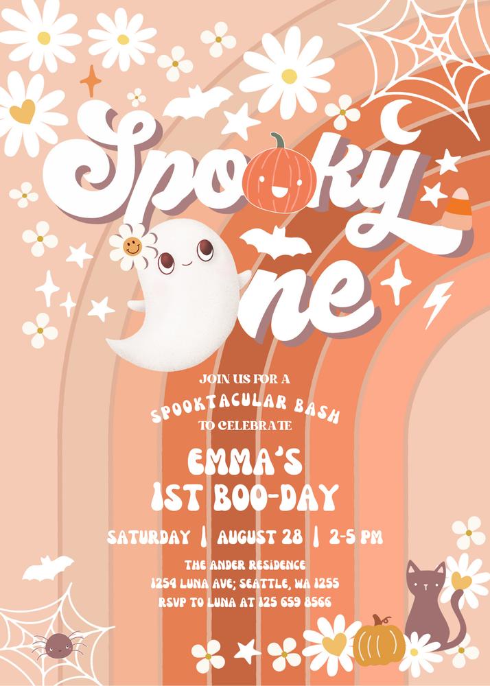 Groovy Spooky One Birthday Invitation | Retro Halloween Ghost Canva Template