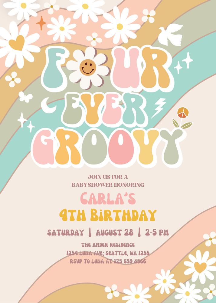 Four Ever Groovy 4th Birthday Invite | Editable Daisy Hippie Retro Canva Template