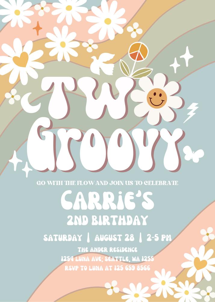 Mint Green Two Groovy 2nd Birthday Invitation | Editable Canva Retro Daisy Invite