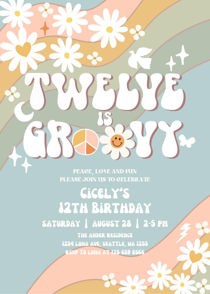 Editable 12th Birthday Invitation Groovy Retro Daisy Muted Blue Green Canva