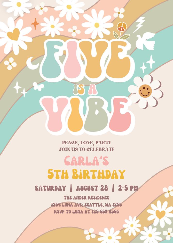 Groovy Five is a Vibe 5th Birthday Invitation, Editable Retro Daisy Canva Template