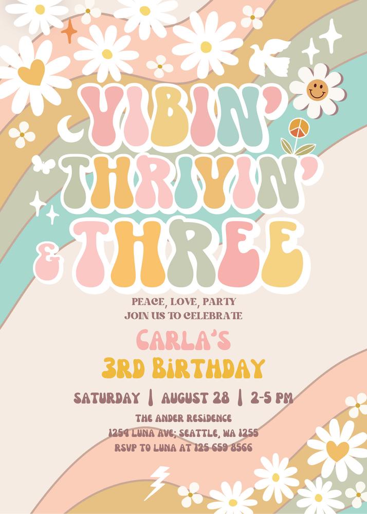 Groovy 3rd Birthday Invitation | Retro Daisy Vibin Thrivin Three Canva Template