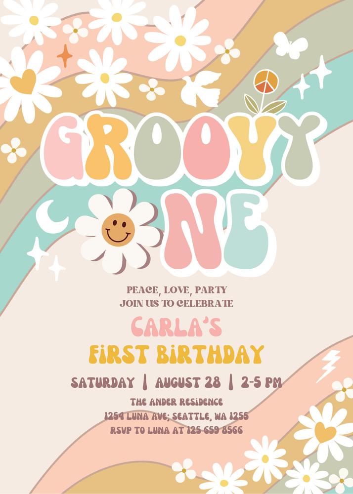 Editable Groovy One 1st Birthday Invite | Retro Daisy Hippie Canva Template