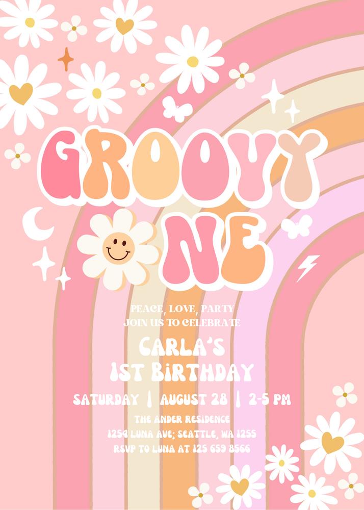Editable Groovy One Pink Daisy Birthday Invite | Retro 70s Rainbow Invitation