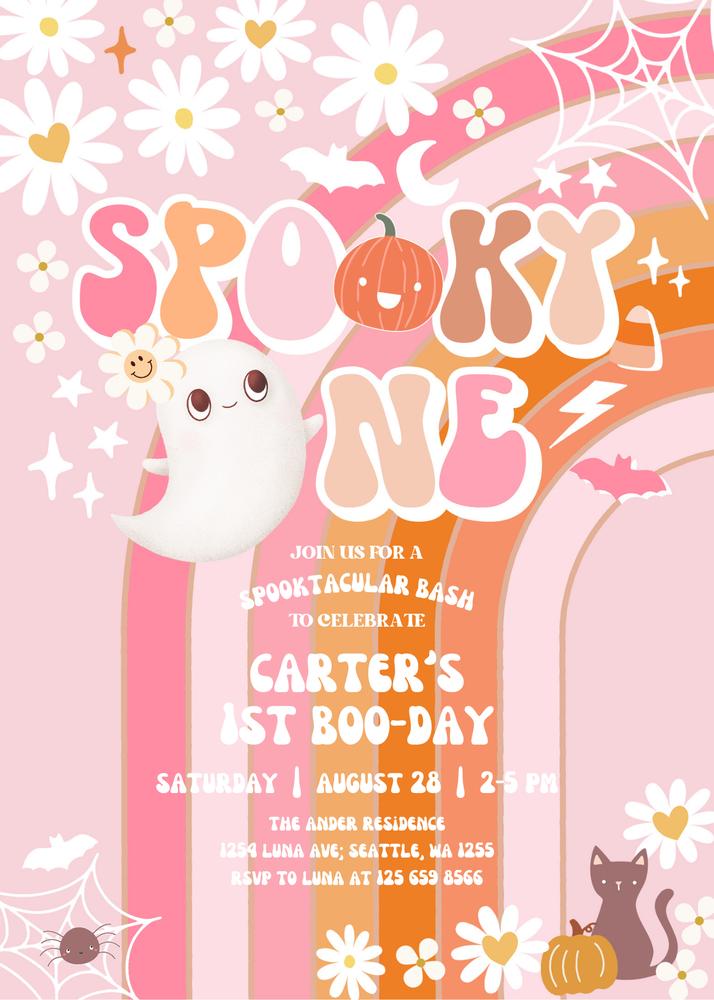 Pink Groovy Halloween First Birthday Invite | Editable Spooky One Canva Template