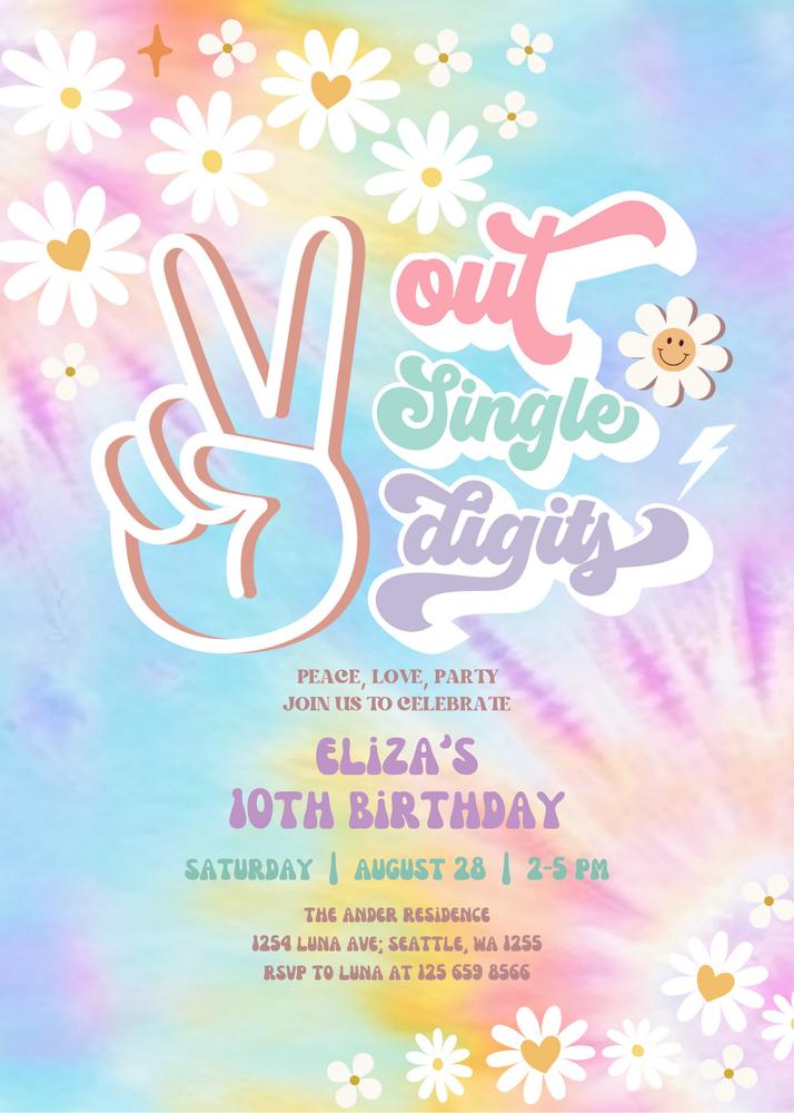 Tie Dye 10th Birthday Invitation | Editable Peace Out Single Digits Canva