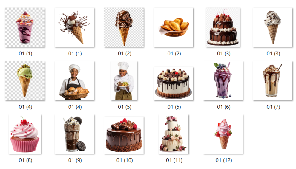 This image shows a collection of 18 food and bakery-related photos, organized in a grid layout with numbered labels. Here's a breakdown of the contents: š¦ Ice Cream & Frozen Treats Multiple ice cream cones (waffle cones with various flavors ā chocolate, vanilla, pistachio) An ice cream sundae/milkshake in a glass cup š Cakes & Pastries Chocolate drip cakes with decorative toppings A multi-tiered white wedding cake with floral decorations A pink cupcake topped with a cherry š„¤ Beverages Milkshakes/frappĆ©s ā including a blueberry shake and an Oreo milkshake š Other Food Items A chef/baker (woman in uniform) holding a basket of bread Fried pastries (possibly empanadas or turnovers) on a plate š File Details Images are labeled sequentially: 01 (1) through 01 (12), with some numbers appearing twice (likely PNG versions with transparent backgrounds alongside JPEG versions) Some images have a checkered background, indicating transparent PNG files