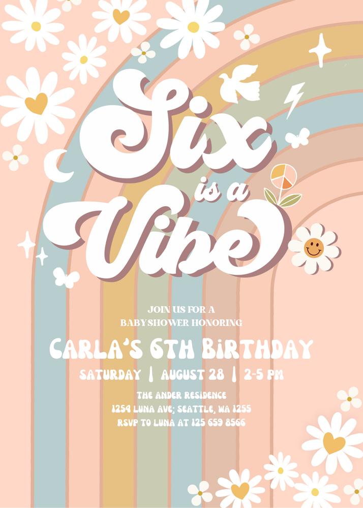Six is a Vibe 6th Birthday Invitation | Groovy Daisy Pastel Canva Template
