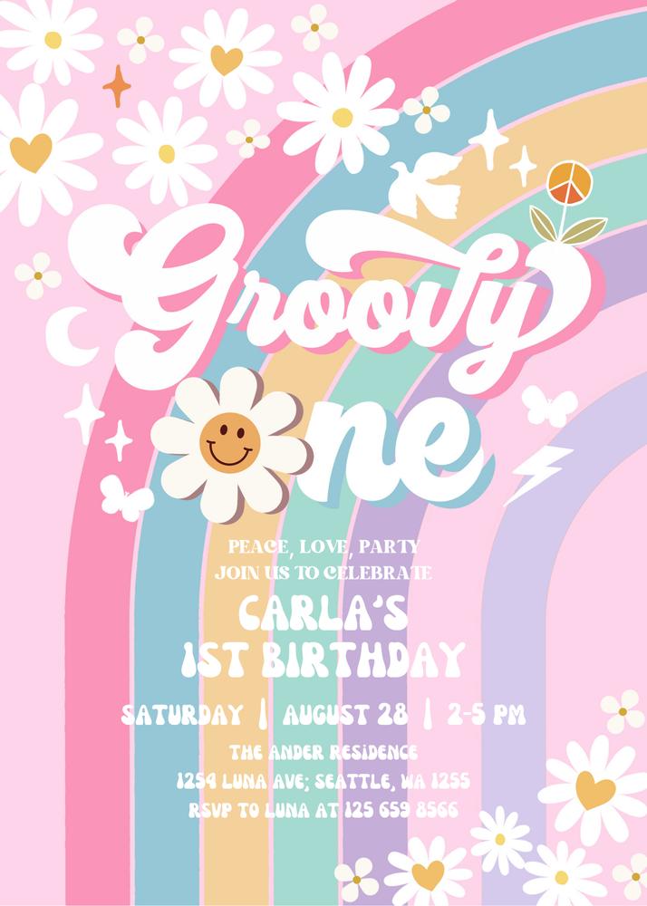 Retro Groovy One Daisy 1st Birthday Invitation Canva Template - Pink Mint Purple