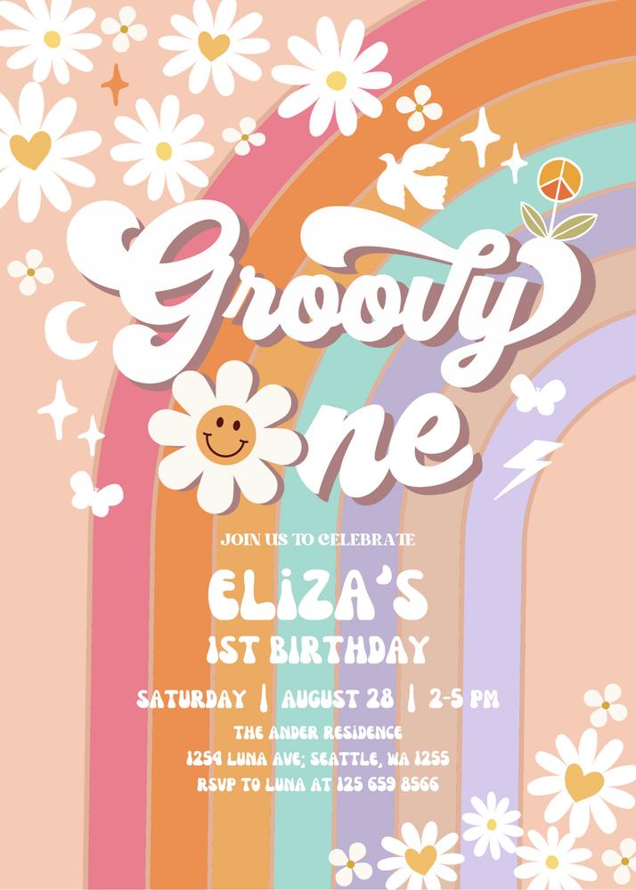 Groovy Daisy Rainbow 1st Birthday Invite | Retro 70s Editable Canva Template