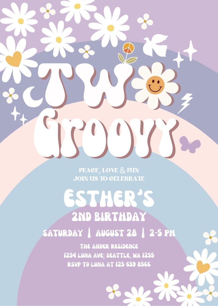 Two Groovy 2nd Birthday Invitation | Editable Muted Purple Blue Daisy Template