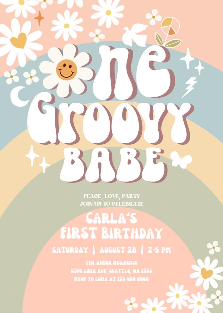 Groovy One Birthday Invite | Daisy Hippie 1st Birthday Canva Template
