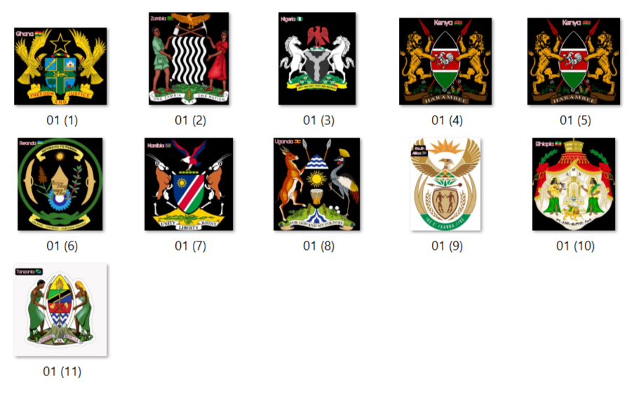 This image displays 11 national coats of arms from various African countries, arranged in a grid with labels from 01 (1) to 01 (11). Each emblem represents a nation’s identity through symbolic imagery, colors, and heraldic elements. 🌍 Featured Countries (Based on Visible Text & Design) Ghana — Eagle, star, shield with national colors Zambia — Woman, man, and eagle with stripes Nigeria — Two horses, eagle, and shield Kenya — Two lions, shield, and spears Rwanda — Circular emblem with coffee plant and sun Namibia — Oryx, eagle, and shield Uganda — Crested crane, shield, and drum South Africa — Protea, secretary bird, and shield Ethiopia — Lion, crown, and religious symbols Tanzania — Two figures holding a shield with a torch 📁 File Details Most images have black backgrounds; one (Tanzania) has a white background Labels suggest this is part of a larger set (e.g., “01” series) Some emblems include national mottos or text identifiers Ideal for educational, design, or cultural reference purposes.