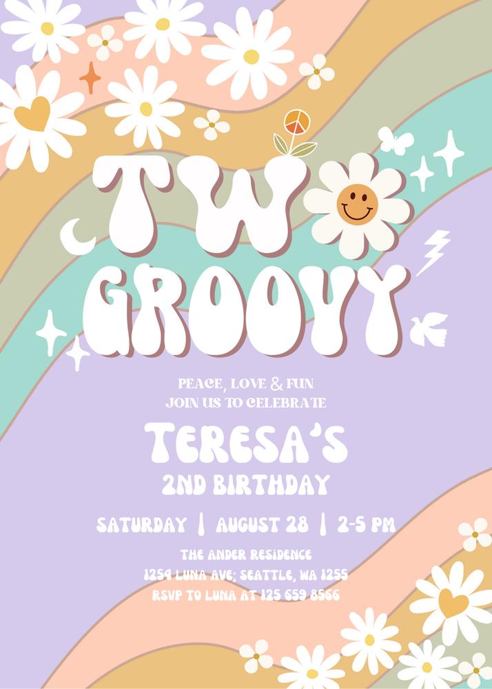 Two Groovy Birthday Invitation | Editable Muted Purple Mint 70s Daisy Invite