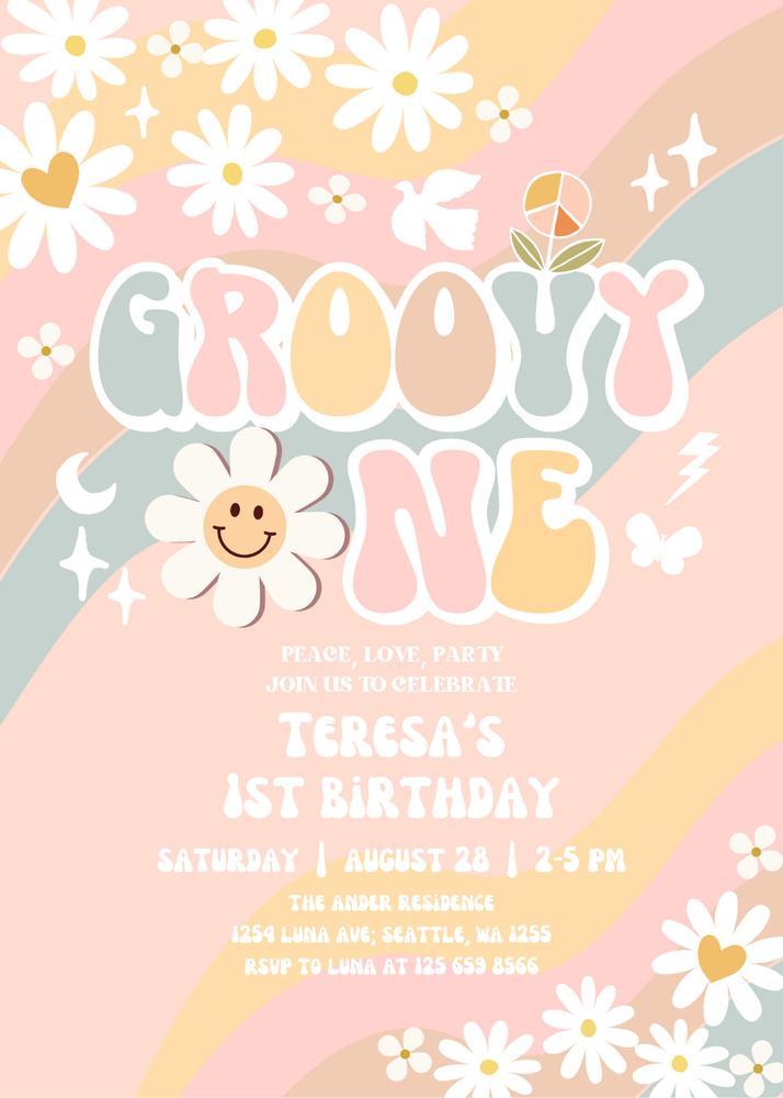 Editable Groovy One 1st Birthday Invite | Pastel Daisy Hippie Canva Template