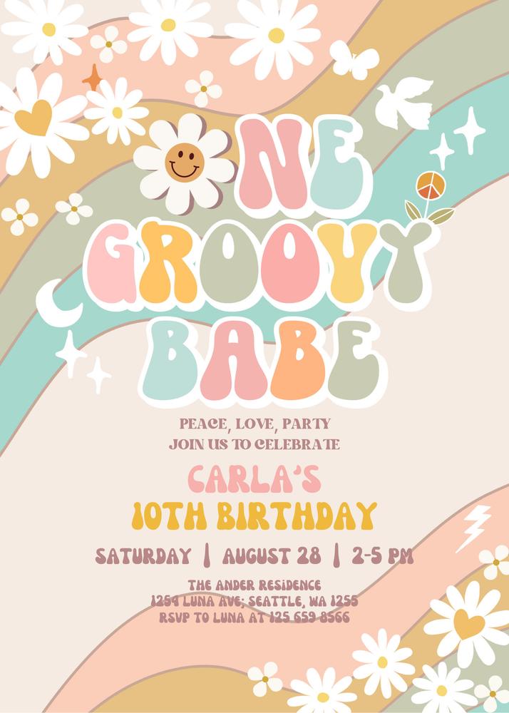 One Groovy Babe 1st Birthday Invitation | Retro Daisy Canva Template