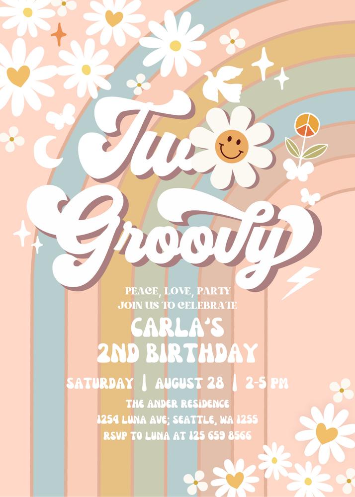 Two Groovy Daisy 2nd Birthday Invite | Retro Boho Canva Template