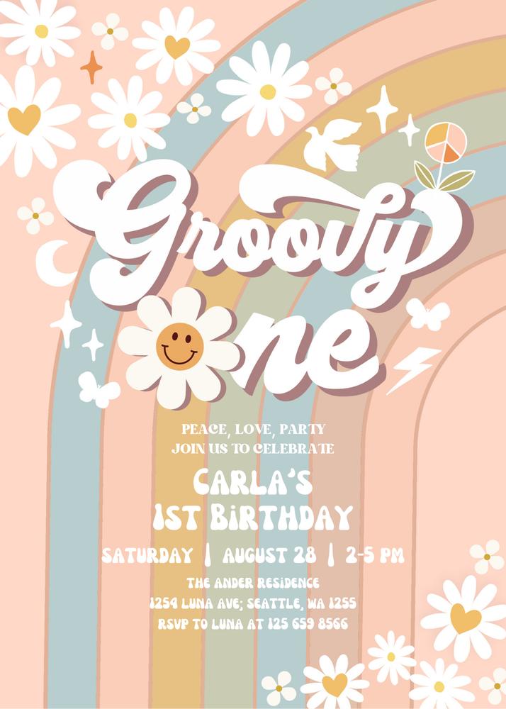 Groovy ONE 1st Birthday Invite | Retro Daisy Hippie Canva Template