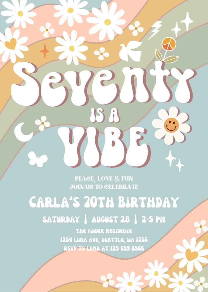 Retro 70th Birthday Invitation | Editable Muted Green & Blue Daisy Invite