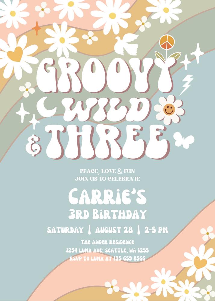 Blue Groovy 3rd Birthday Invitation | Retro Wild and Three Daisy Invite Canva