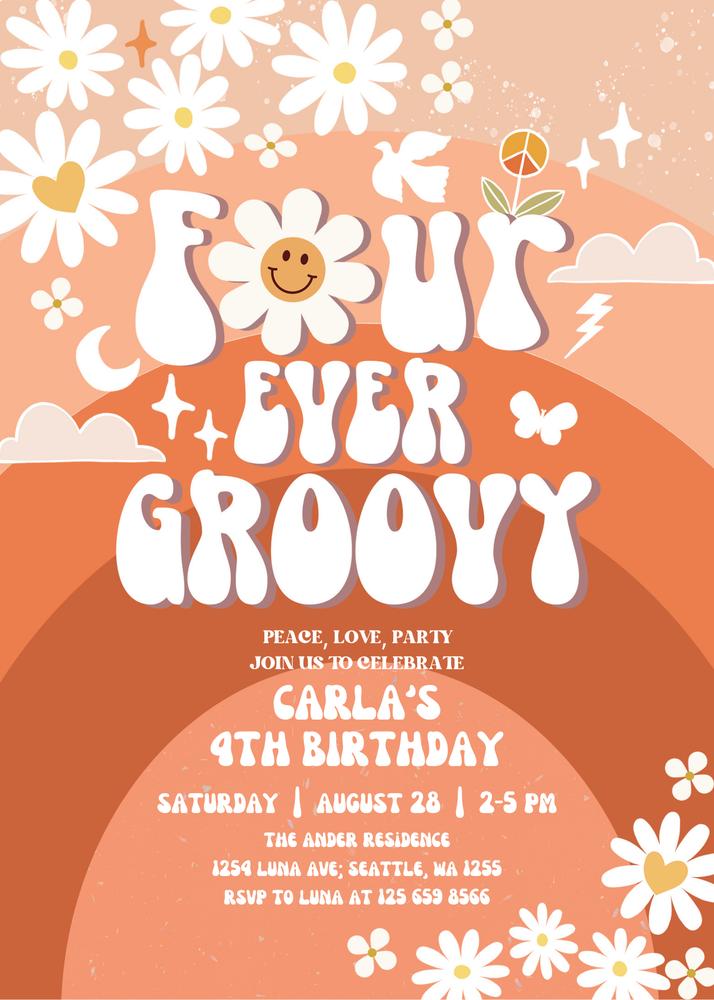 Four Ever Young Birthday Invite | Editable Boho Daisy Fall Groovy Template