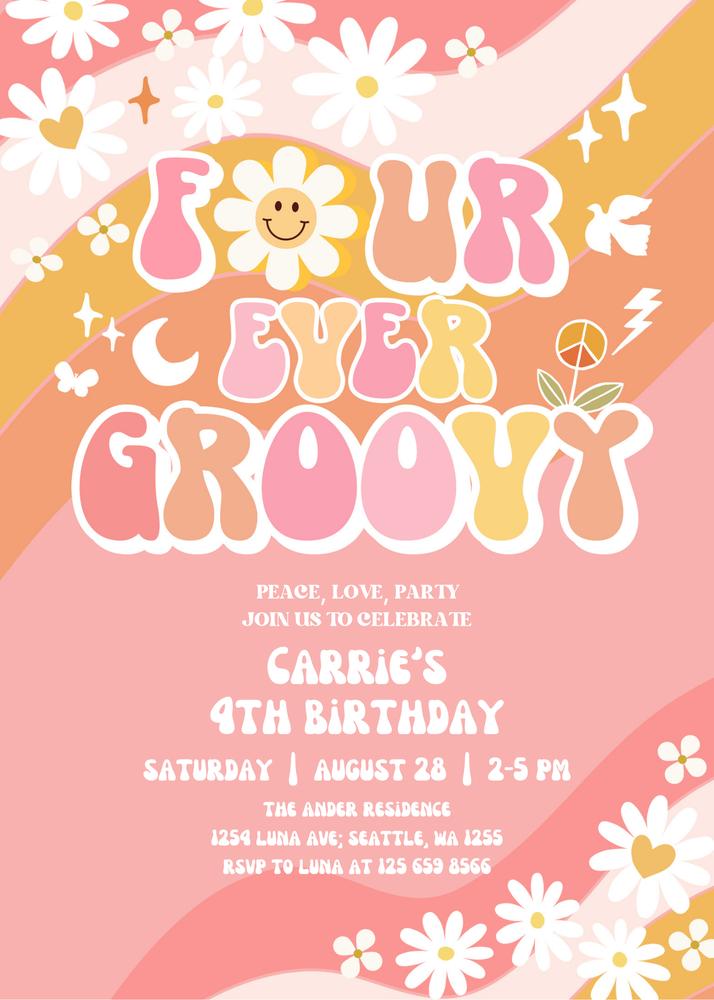 Groovy One 4th Birthday Invitation | Retro Daisy Canva Template
