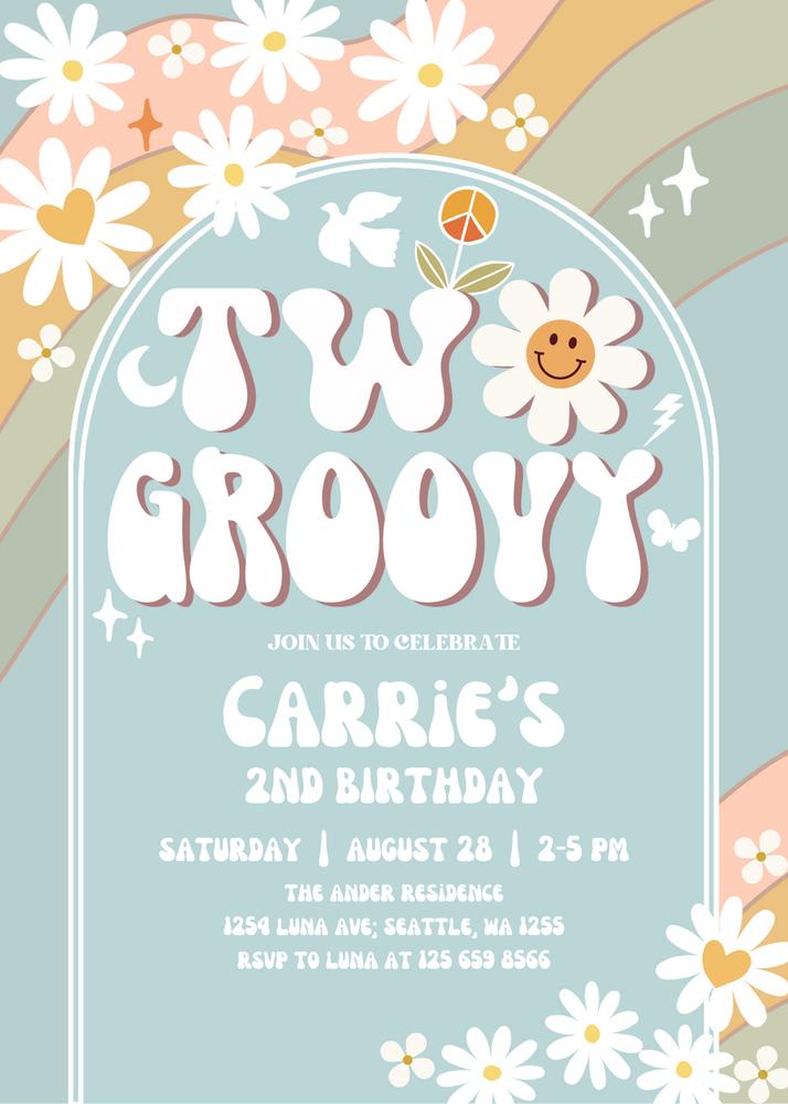 Editable Mint Green Two Groovy 2nd Birthday Invitation | Retro Daisy Canva