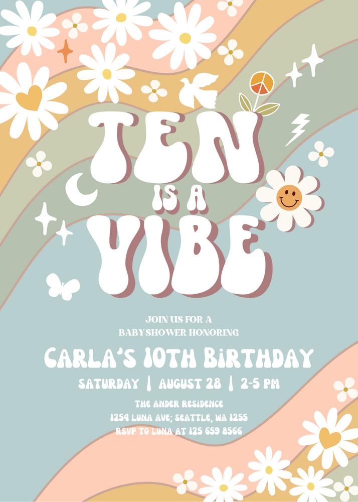10th Birthday Invite | Retro Daisy Hippie TEN is a Vibe Template | Muted Green