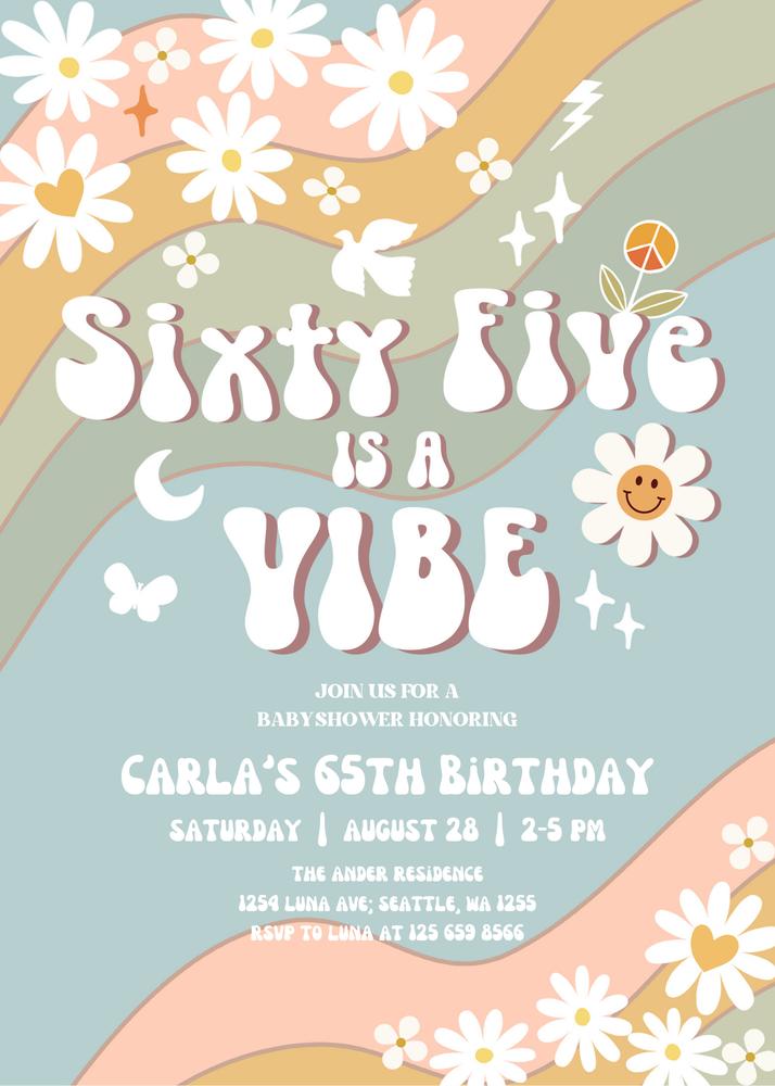 65th Birthday Invitation | Retro Muted Green Blue Daisy Hippie Canva Template