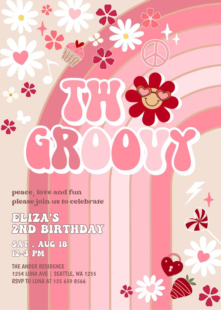 Two Groovy Valentine 2nd Birthday Invitation | Editable Canva Template