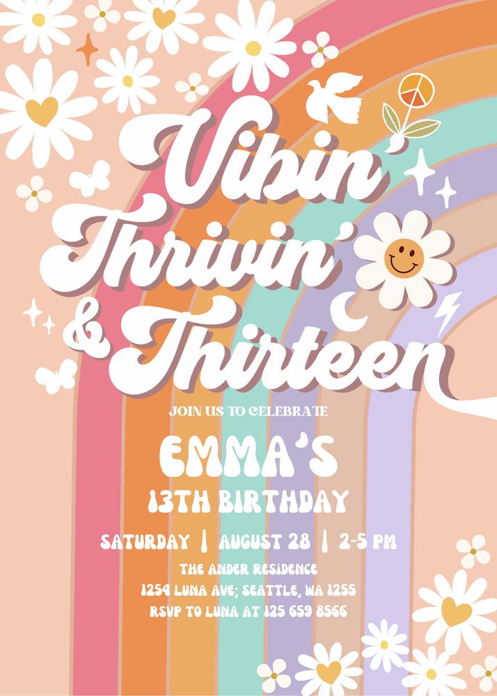 Groovy 13th Birthday Invitation | Retro Daisy & Rainbow Canva Template
