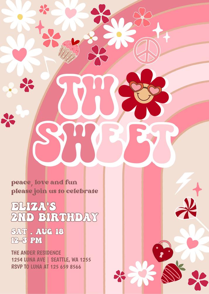 Two Sweet Groovy Valentine 2nd Birthday Invitation | Editable Canva Template