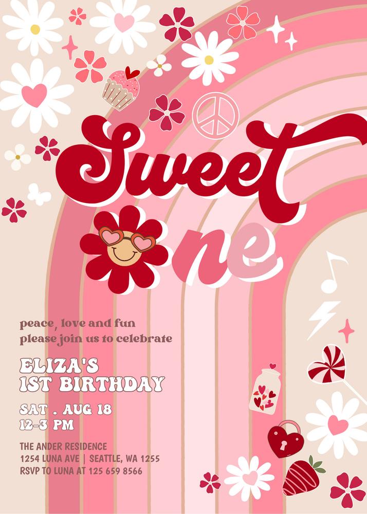 Groovy Valentine Sweet One Birthday Invitation | Editable Canva Template
